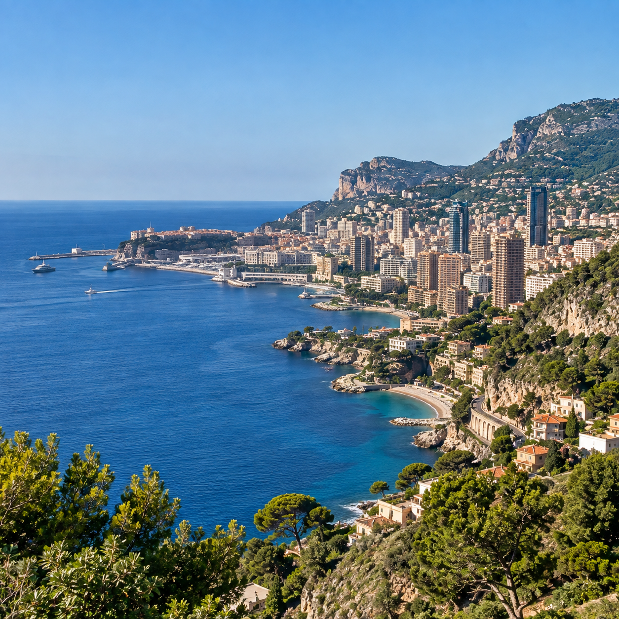 Vue panoramique de Monaco : le port Hercule, Monte-Carlo et le littoral